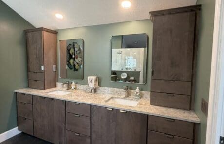 Complete bathroom remodeling with custom cabinets, sink, painting and installation