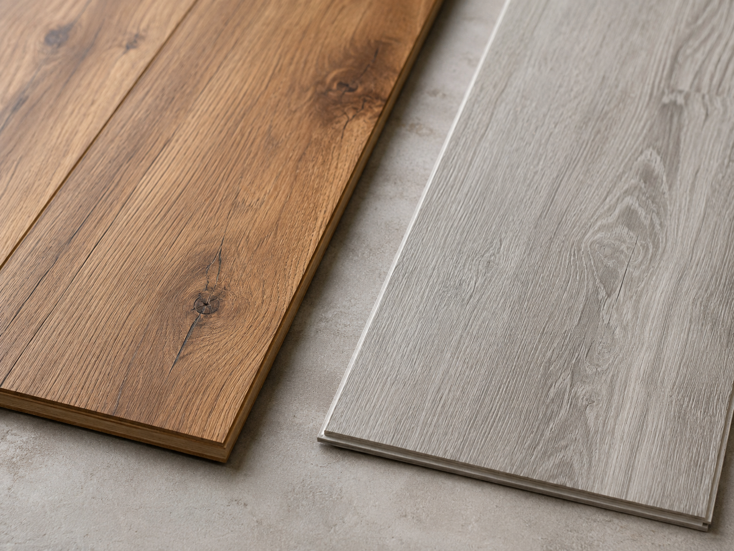 Samples of hardwood and grey LVP side-by-side for comparison