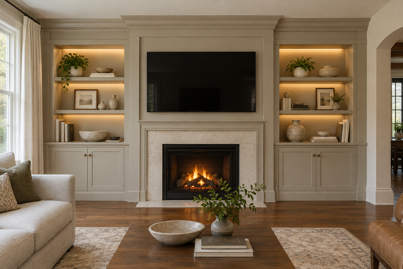 Painted built-in feature wall with lit open shelving and shaker cabinets on both sides of a fireplace, a TV above the mantel and crown molding to the ceiling